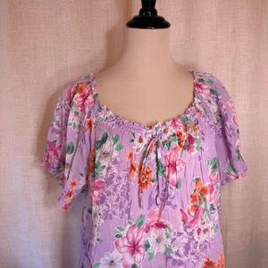 Women's Top Violet Floral Boho Peasant Flowy Blouse Smocked Neckline
